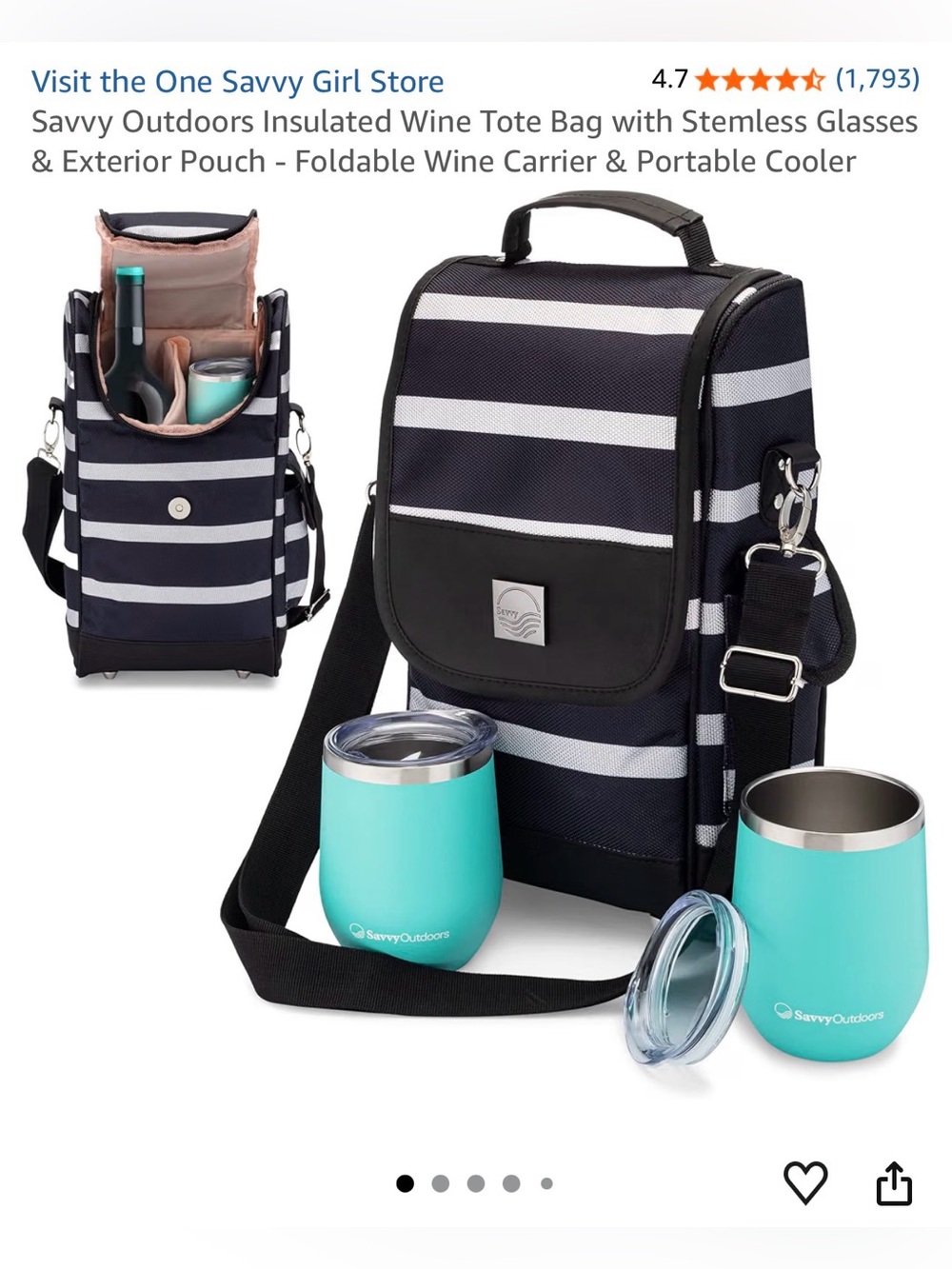Savvy Outdoors Insulated Wine Tote with Turquoise Tumblers - Navy Stripe - NEW